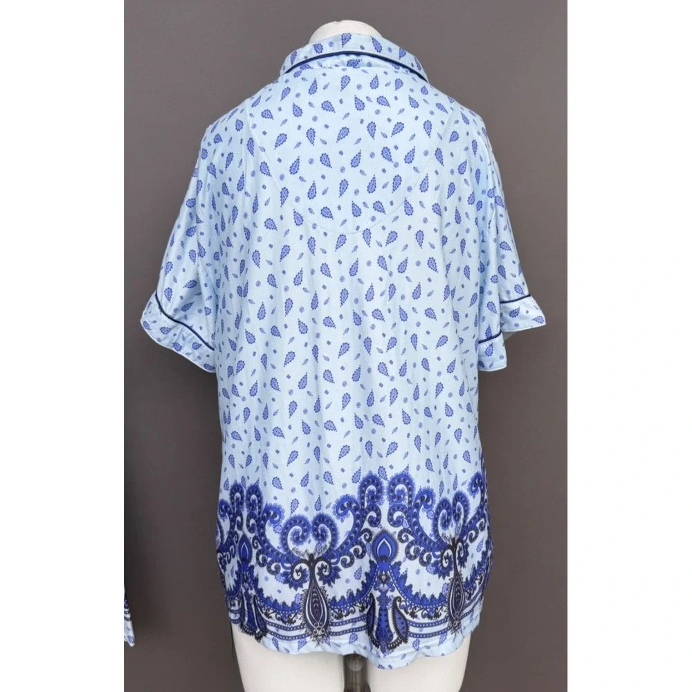Blue Paisley Pajama Set 3x Short Sleeve Button Top Long Pants Sleepwear Lounge